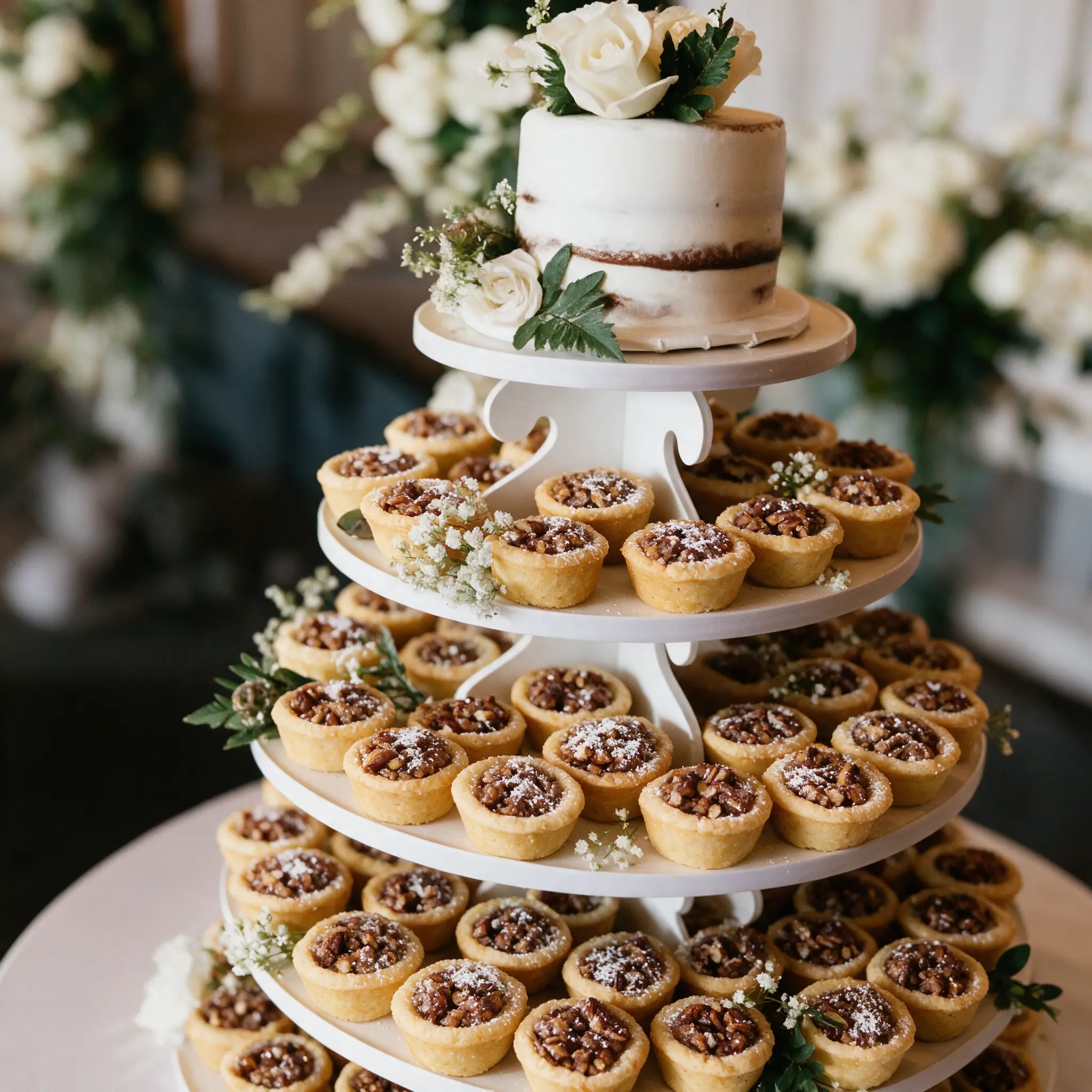 A tiered wedding stand of pecan tassies with baby's breath, topped by a small naked cake with white roses