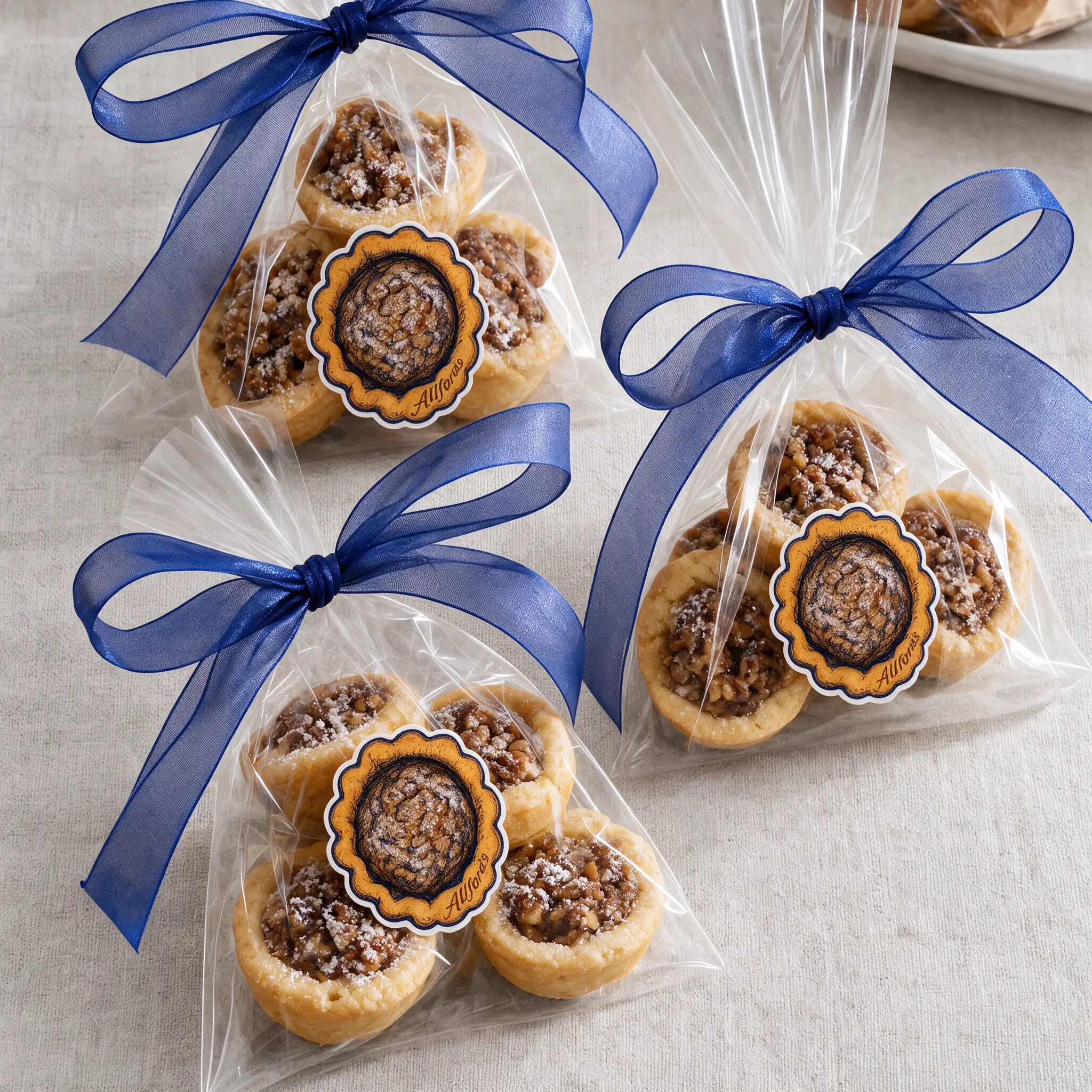 Cellophane favor bags of pecan tassies tied with blue ribbon and an Allford's tassie sticker