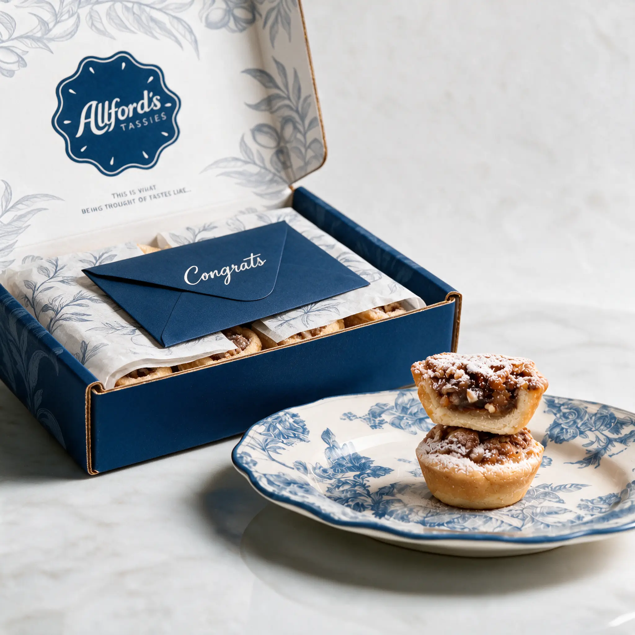 An open Allford's box with a Congrats card envelope on the tissue, beside two tassies on a blue toile plate