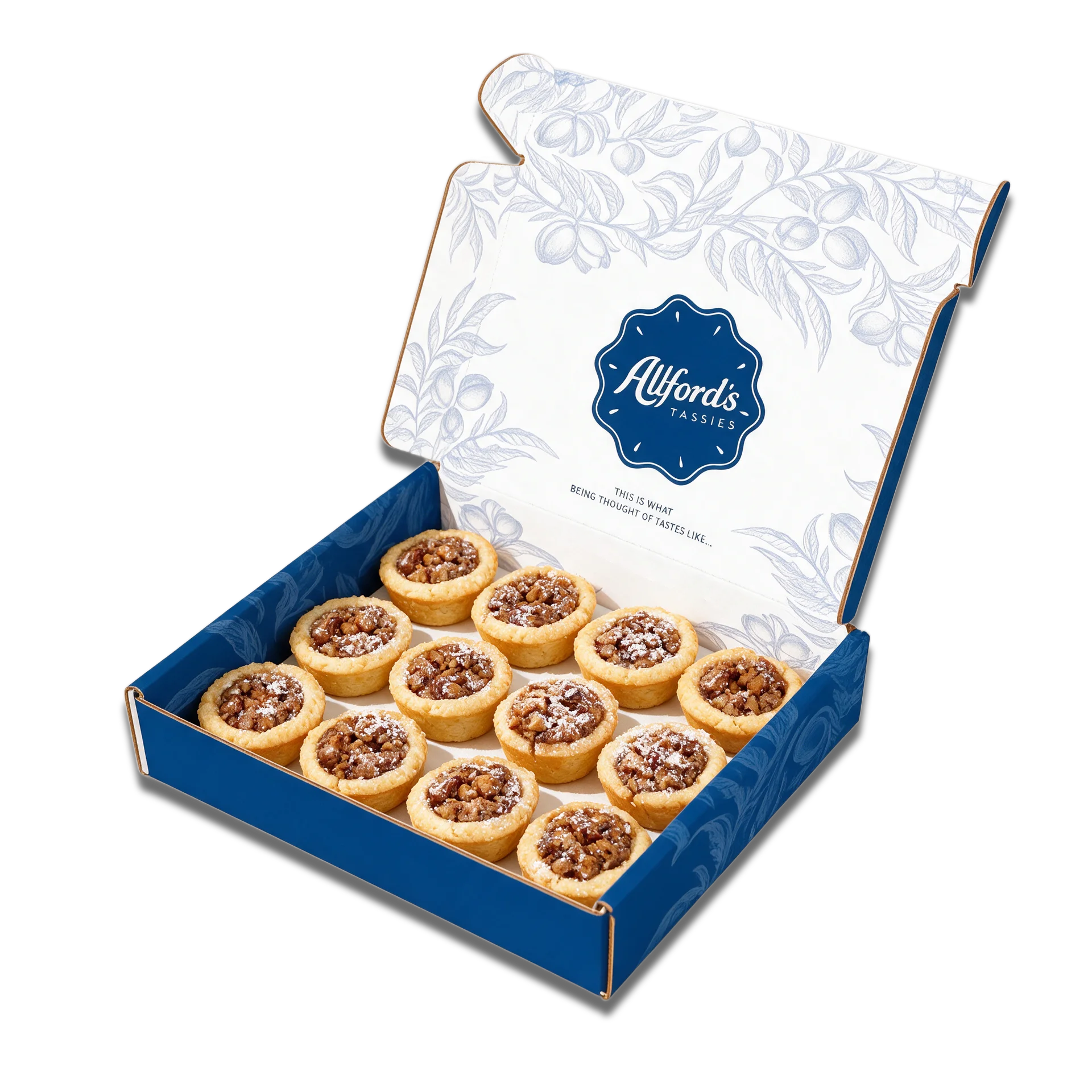An open Allford's gift box of twelve pecan tassies, the toile-lined lid raised to show the Allford's crest
