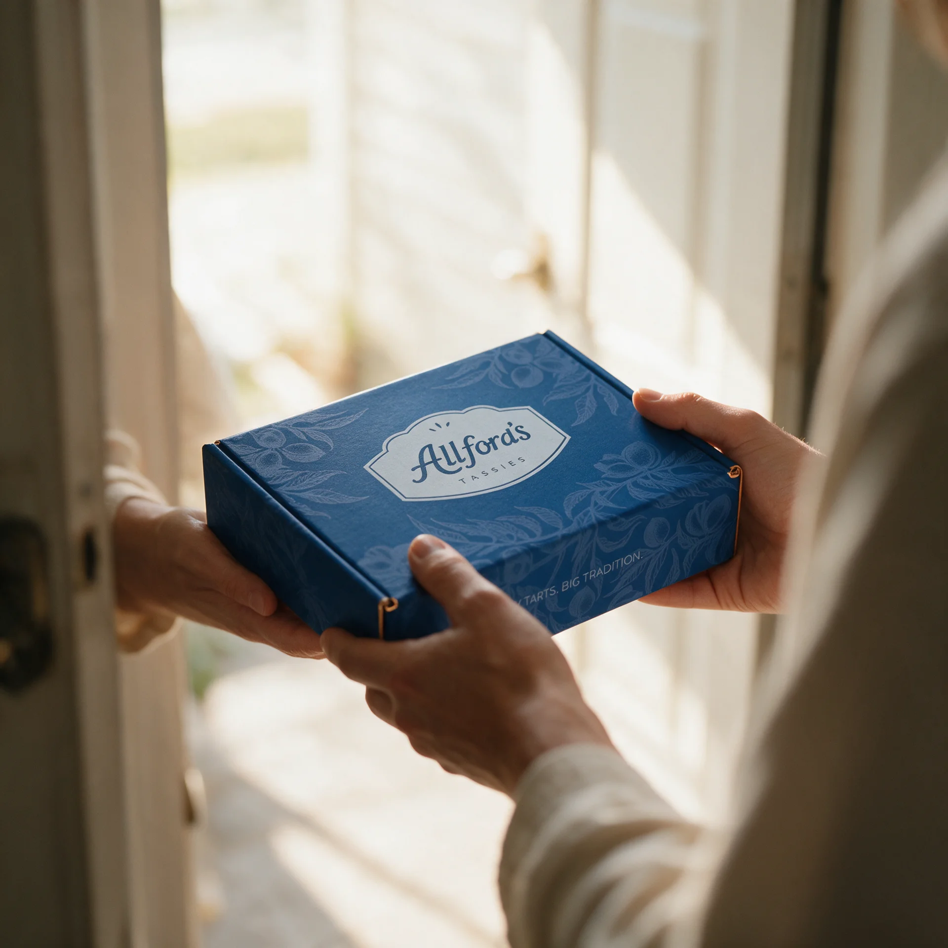 An Allford's tassies box passing between two hands at a sunlit doorway