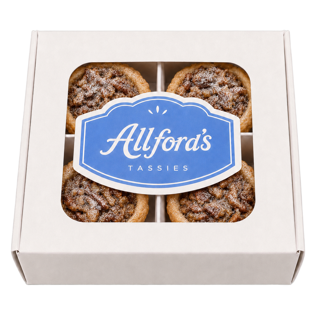 Allford's white window box of four pecan tassies