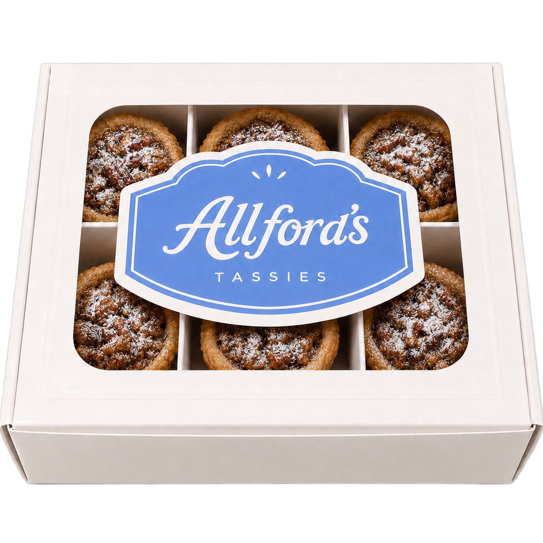Allford's white window box of six pecan tassies