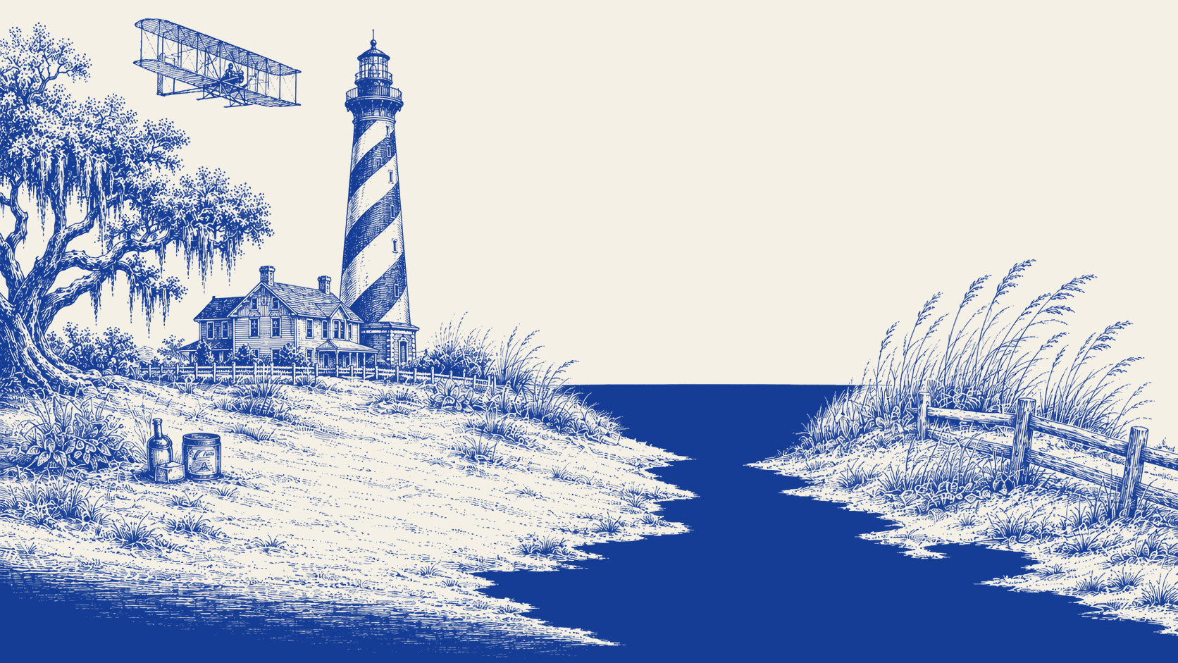 A Carolina coast scene: the Cape Hatteras lighthouse, a live oak draped in spanish moss, the Wright Flyer overhead, and a tin of Allford's pecan tassies in the dunes